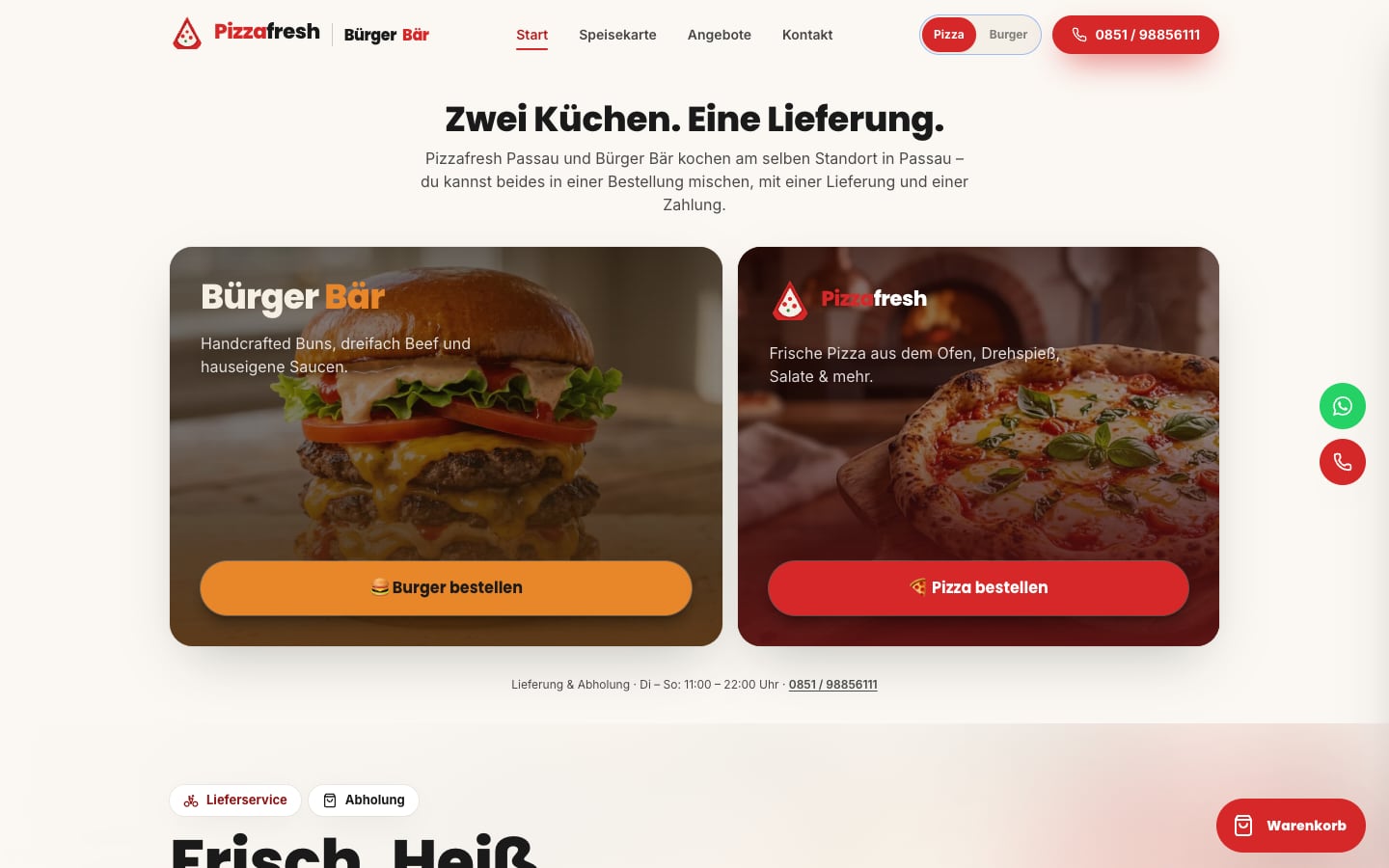 Startseite der Website von Pizzafresh in Passau