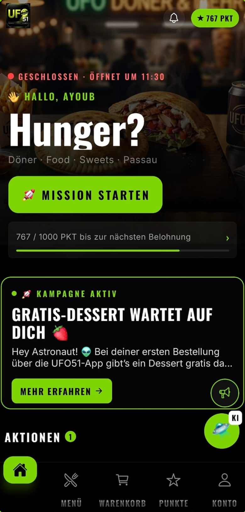 UFO51 App: Startseite mit Punktestand und Mission