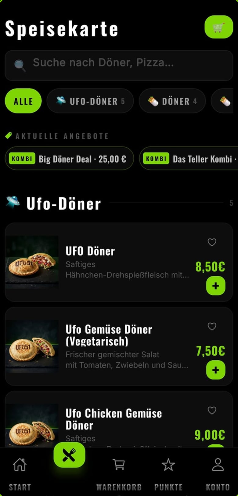 UFO51 App: Speisekarte mit Döner-Auswahl